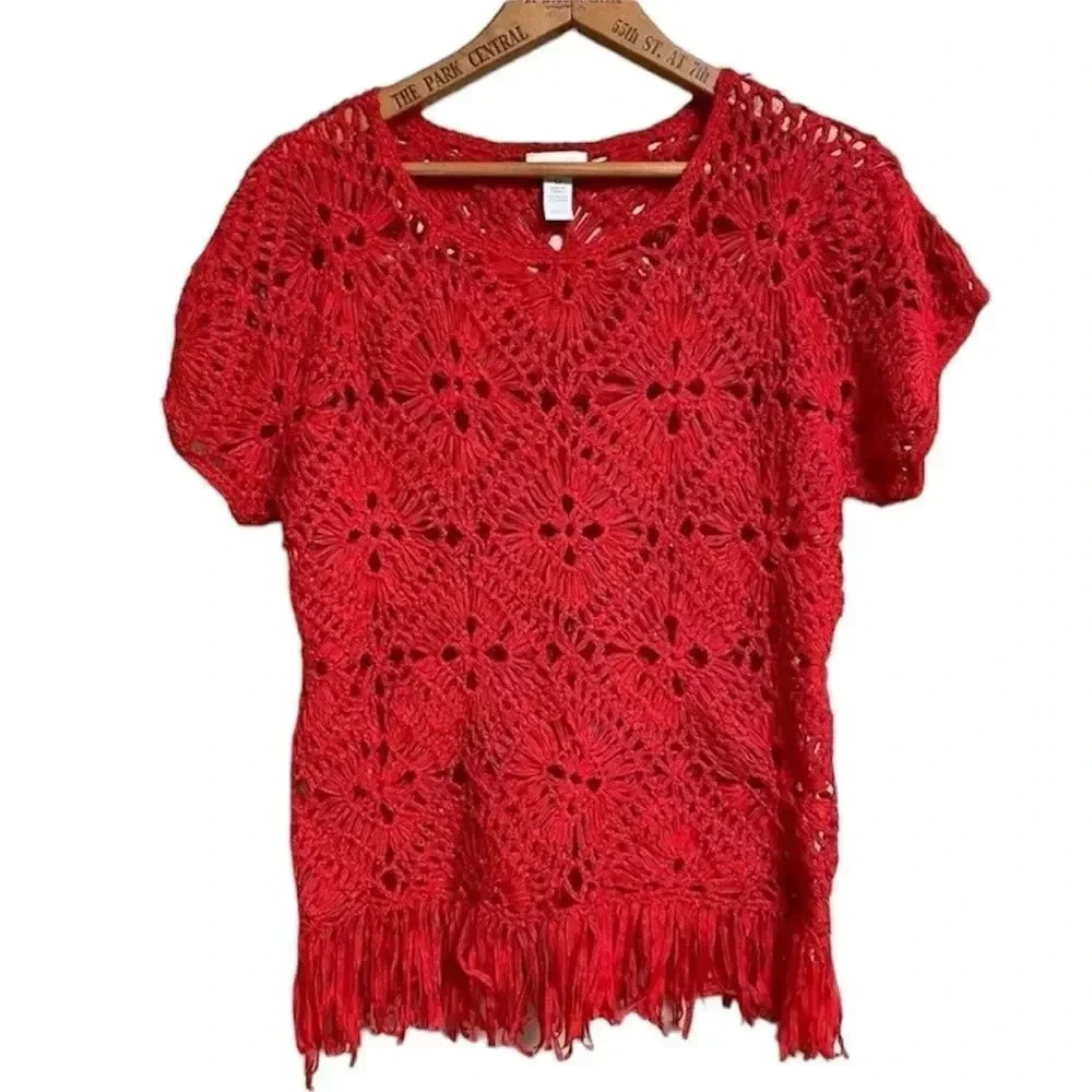 Chico’s Red Crochet Fringe Sweater Top Size 0 Boho Beach Cover Up Small